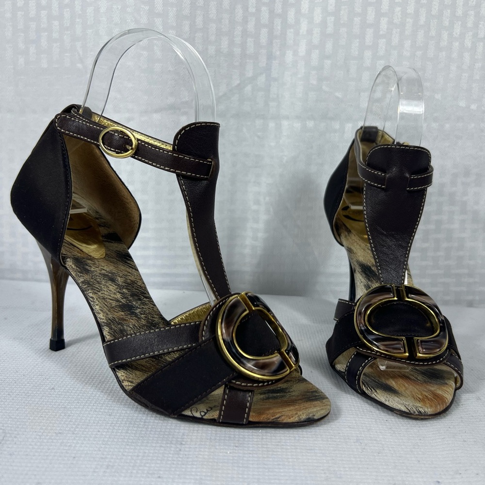 7232: Just Cavalli Brown T-Strap Heels EU 36.5